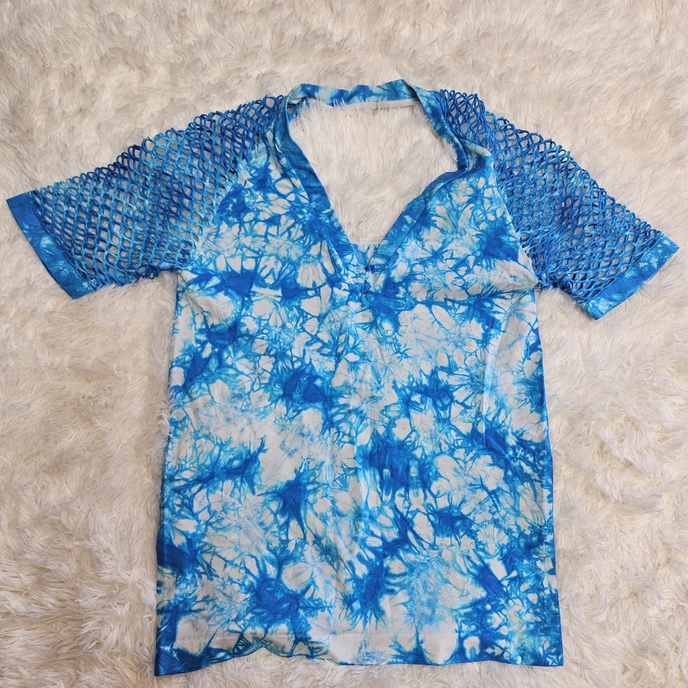 Venus Blue Tie-Dye Pattern Fishnet Sleeve Fitted Top Size-M